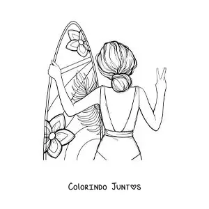 Desenho para colorir de uma menina de costas com sua prancha de surfe