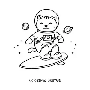 Desenho para colorir de um gato astronauta animado surfando no espaco