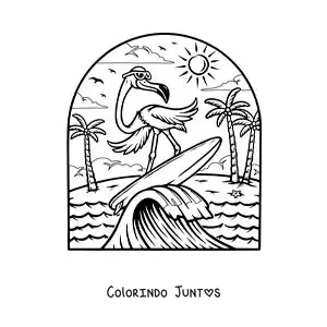 Desenho para colorir de um flamingo animado surfando na praia
