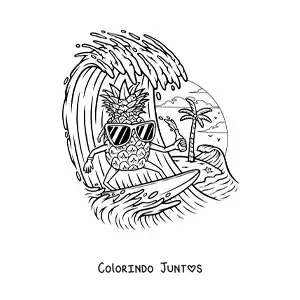Desenho para colorir de um abacaxi animado surfando na praia