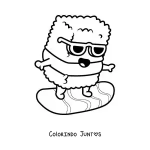 Desenho para colorir de um rolinho de sushi animado surfando na praia