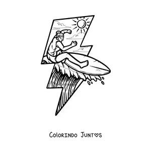 Desenho para colorir de uma menina surfando na praia em um raio de luz