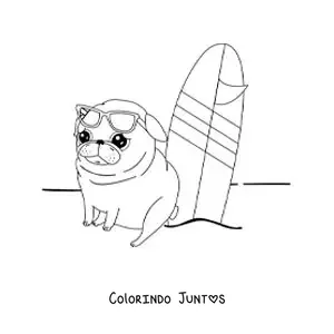 Desenho para colorir de um pug animado ao lado de uma prancha de surfe na areia