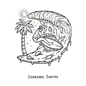 Desenho para colorir de uma menina surfando uma onda de pizza