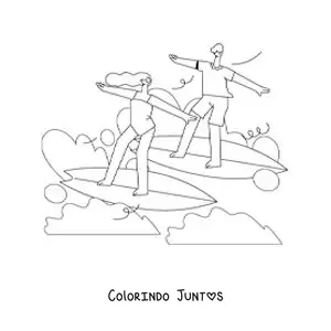 Desenho para colorir de um casal surfando
