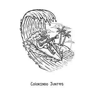 Desenho para colorir de um esqueleto tocando guitarra enquanto surfa na praia