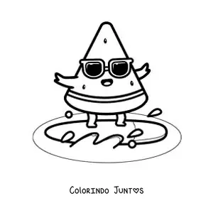Desenho para colorir de um pedaco de melancia animado surfando