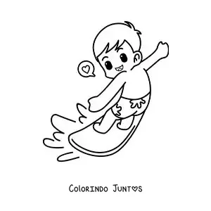 Desenho para colorir de um menino animado surfando