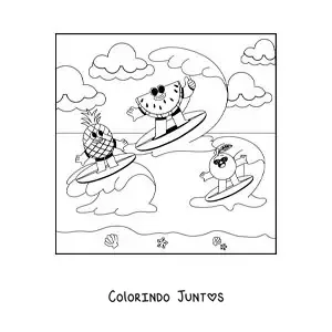 Desenho para colorir de frutas animadas surfando na praia