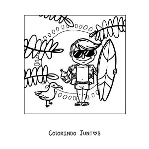 Desenho para colorir de um menino surfista na praia com oculos de sol e uma garrafa