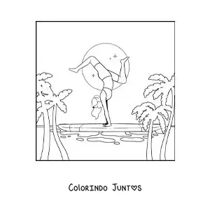 Desenho para colorir de uma menina fazendo acrobacias sobre uma prancha de surfe na praia