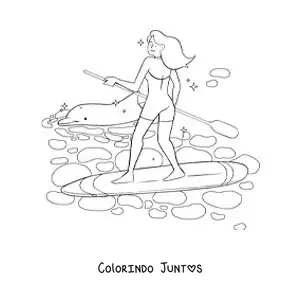 Desenho para colorir de uma menina praticando stand-up paddle