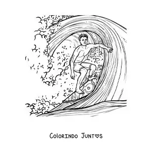 Desenho para colorir de um menino surfando uma onda em estilo realista