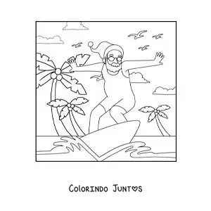 Desenho para colorir de Papai Noel animado surfando na praia
