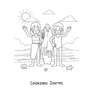 Desenho para colorir de duas meninas na praia de mascara ao lado de uma prancha de surfe