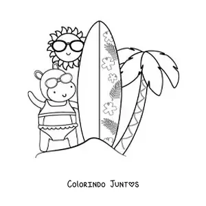 Desenho para colorir de uma hipopotama surfista animada na praia