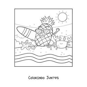 Desenho para colorir de um abacaxi surfista animado correndo para o mar na praia