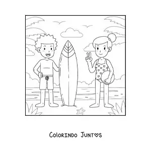 Desenho para colorir de um menino surfista e uma menina com uma bola na praia