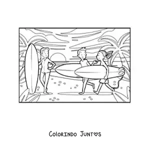 Desenho para colorir de um grupo de jovens surfistas na praia