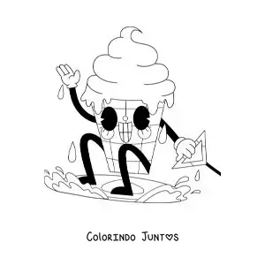 Desenho para colorir de um sorvete animado surfando