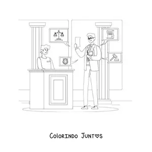 Desenho para colorir de um advogado fazendo um interrogatório em um julgamento