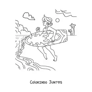 Desenho para colorir de uma menina surfista correndo para o mar na praia