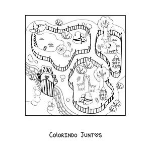 Desenho para colorir de um zoologico com girafas, elefantes e leoes