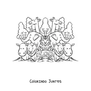 Desenho para colorir de um zoologico com todos os seus animais animados