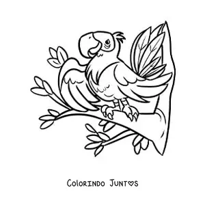 Desenho para colorir de uma arara de zoologico animada em uma arvore