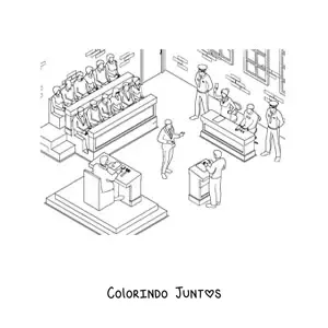 Desenho para colorir de uma cena com um juiz e um advogado em um julgamento