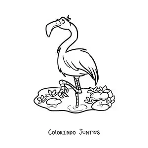 Desenho para colorir de um flamingo de zoologico animado em um lago