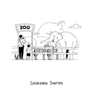 Desenho para colorir de um menino e seu pai visitando o zoologico