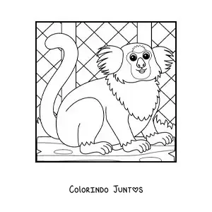 Desenho para colorir de um sagui de zoologico animado em uma jaula