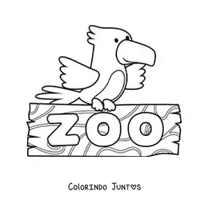 Desenho para colorir de uma ave pousada em uma placa de zoologico