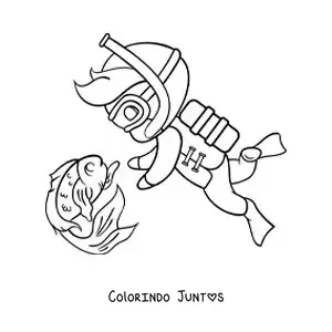 Desenho para colorir de um menino mergulhando ao lado de um peixe animado