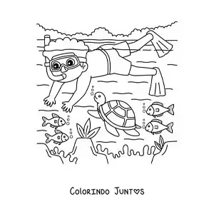 Desenho para colorir de um menino mergulhando no fundo do mar com peixes e uma tartaruga
