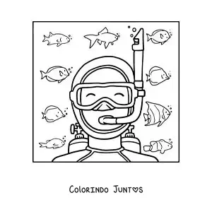 Desenho para colorir de um mergulhador no fundo do mar cercado por peixes