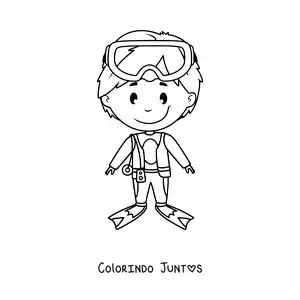 Desenho para colorir de um menino com equipamento de mergulho