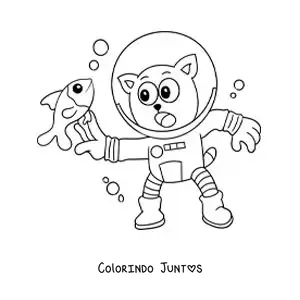 Desenho para colorir de um gato animado mergulhando e pegando um peixe
