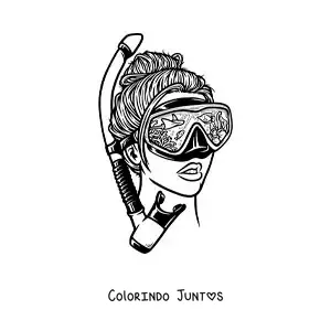Desenho para colorir de uma menina em estilo realista com óculos e snorkel