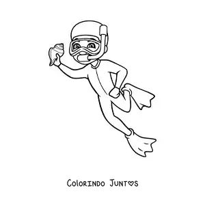 Desenho para colorir de um menino mergulhando e encontrando uma concha