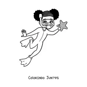 Desenho para colorir de uma menina mergulhando e encontrando uma estrela-do-mar