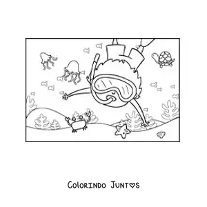 Desenho para colorir de um menino mergulhando no fundo do oceano com caranguejos e aguas-vivas