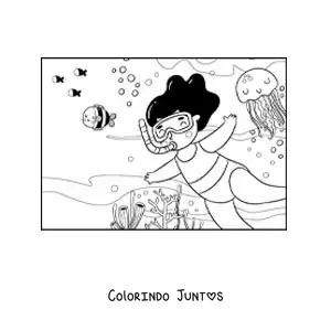 Desenho para colorir de uma menina mergulhando no fundo do oceano com peixes e aguas-vivas