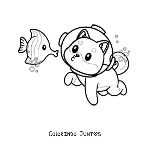 Desenho para colorir de um cachorro animado com capacete mergulhando com um peixe