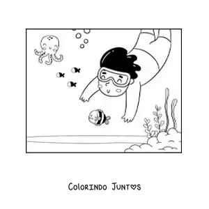 Desenho para colorir de um menino mergulhando no fundo do mar com peixes e polvos