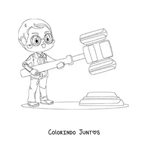 Desenho para colorir de um advogado kawaii segurando um martelo gigante