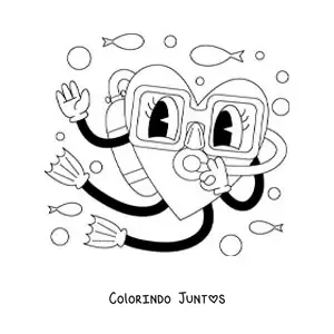 Desenho para colorir de um coracao animado mergulhando