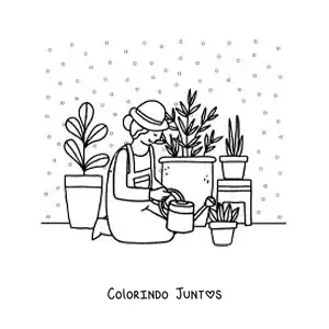 Desenho para colorir de uma menina regando suas plantas em casa