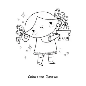 Desenho para colorir de uma menina com uma planta animada